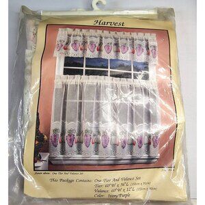 Harvest Fruit Curtain Set Tier Valance 60x36 Kitchen Window Ivory Purple Vintage